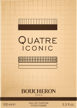 Złote, teksturowane opakowanie Boucheron Quatre Iconic woda perfumowana dla kobiet, widok z przodu.