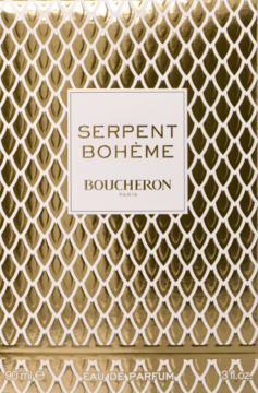 Perfumy Boucheron Serpent Bohème EDP w złotym pudełku z białym wzorem łuski, widok frontalny.