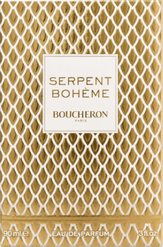 Boucheron Serpent Bohème Eau de Parfum 90ml. Biało-złote pudełko z reliefowym wzorem wężowej łuski, widok z przodu.