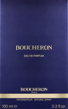 Perfumy Boucheron Women 100 ml, granatowe pudełko ze złotymi napisami 'Eau de Parfum', widok z przodu.