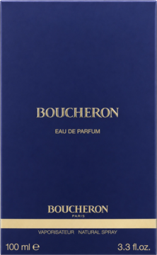 Granatowe pudełko Boucheron Eau de Parfum dla kobiet, ze złotymi napisami, widok z przodu, 100 ml.