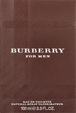 Burberry for Men, brązowy kartonik perfum z tłoczonym wzorem, widok z przodu, białe napisy, 100 ml.