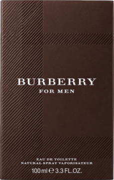 Ciemnobrązowe pudełko Burberry for Men Eau de Toilette z teksturowanym wzorem i białym napisem, widok z przodu.