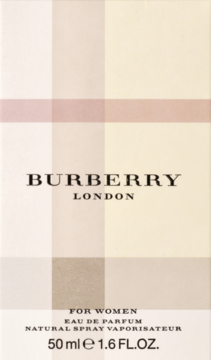 Frontalny widok kartonika Burberry London Eau de Parfum dla kobiet, beżowo-brązowa kratka w szkockim stylu.