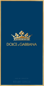 Opakowanie wody toaletowej K by Dolce & Gabbana, granatowe ze złotą koroną i napisem, widok z przodu.
