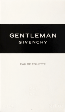 Białe pudełko perfum Givenchy Gentleman Eau de Toilette, z czarnym pasem i białym napisem, widok z przodu.