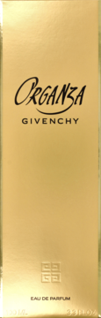Złote pudełko perfum Givenchy Organza Eau de Parfum, widok z przodu, z czarnym napisem.