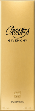 Złote pudełko perfum Givenchy Organza z czarnym, stylizowanym napisem i wytłoczonym logo, widok z przodu.