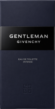 Ciemnogranatowe opakowanie Givenchy Gentleman Intense, z czarnym pasem i srebrnymi napisami, front.