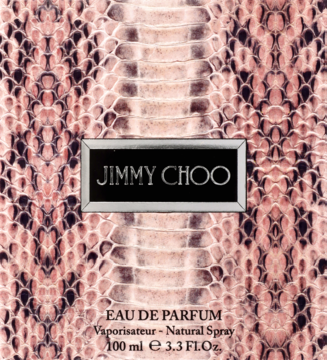 Jimmy Choo Woman Eau de Parfum 100ml. Zbliżenie na flakon z eleganckim beżowo-czarnym wzorem skóry węża.