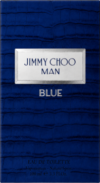 Jimmy Choo Man Blue woda toaletowa 100ml, ciemnoniebieskie pudełko z wytłoczoną fakturą, srebrna etykieta.
