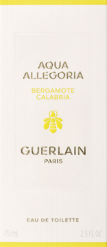 Guerlain Aqua Allegoria Bergamote Calabria Eau de Toilette 75 ml w białym pudełku z żółtą pszczołą i złotym tekstem, widok z przodu.