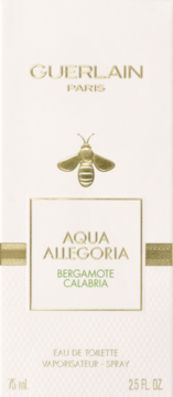 Białe pudełko Guerlain Aqua Allegoria Bergamote Calabria EDT z złotym logo pszczoły, widok z przodu.