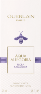 Białe pudełko perfum Guerlain Aqua Allegoria Flora Salvaggia Eau de Toilette, z fioletową pszczołą, widok z przodu.