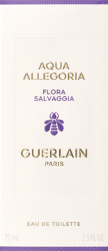 Białe pudełko perfum Guerlain Aqua Allegoria Flora Salvaggia, z fioletowym logo pszczoły, widok z przodu.