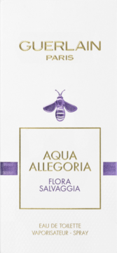 Białe pudełko Guerlain Aqua Allegoria Flora Salvaggia EDT, złote logo, fioletowa pszczoła i ramka, widok z przodu.
