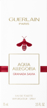 Białe opakowanie Guerlain Aqua Allegoria Granada Salvia Eau de Toilette 75ml, z czerwoną pszczołą i złotymi napisami, widok z przodu.