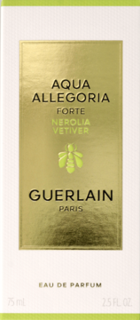 Białe pudełko perfum Guerlain Aqua Allegoria Forte Nerolia Vetiver ze złotym panelem i zieloną pszczołą, widok z przodu.