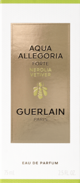 Białe opakowanie Guerlain Aqua Allegoria Forte Nerolia Vetiver 75ml EDP ze złotą etykietą i pszczołą, widok z przodu.