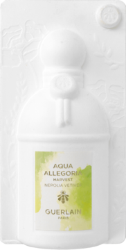 Guerlain Aqua Allegoria Harvest Nerolia Vetiver, próbka EDT w białym blistrze z reliefem, widok z przodu.