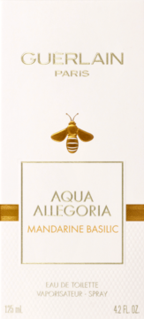 Białe pudełko Guerlain Aqua Allegoria Mandarine Basilic EDT 125ml ze złotym logo pszczoły i napisami, widok z przodu.