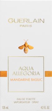 Guerlain Aqua Allegoria Mandarine Basilic woda toaletowa, białe pudełko z złotą pszczołą, widok z przodu.