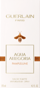 Guerlain Aqua Allegoria Pamplelune Eau de Toilette w białym pudełku z złotą pszczołą, widok z przodu.