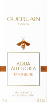 Guerlain Aqua Allegoria Pamplelune EDT 125 ml, białe pudełko z złotym logo, pszczołą i pomarańczowymi detalami, przód.