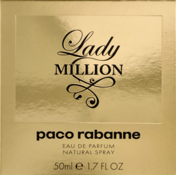 Złote, błyszczące pudełko Paco Rabanne Lady Million EDP 50ml, widok z przodu z eleganckim napisem.