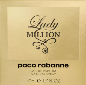 Złoto-beżowe opakowanie perfum Paco Rabanne Lady Million 50ml z ozdobnym napisem, widok z przodu.