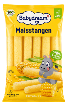 Żółte opakowanie bezglutenowych chrupek kukurydzianych Babydream BIO, z hipopotamem i kukurydzą.