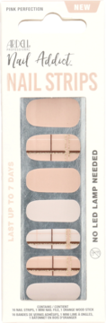 Ardell Nail Addict Nail Strips Pink Perfection, jasnoróżowe naklejki z bordowo-złotym wzorem w kratkę, widok z przodu opakowania.