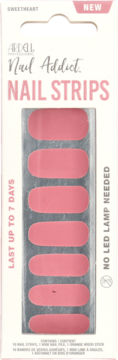 Ardell Nail Addict Sweetheart Nail Strips w opakowaniu, 16 różowych pasków do paznokci widocznych przez przezroczyste okienko.