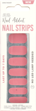 Ardell Nail Addict Sweetheart Nail Strips w opakowaniu, 16 różowych pasków do paznokci widocznych przez przezroczyste okienko.