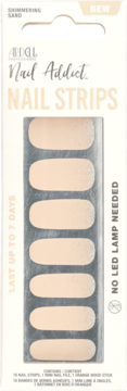 Ardell Nail Strips Shimmering Sand, beżowe paski do paznokci bez lampy LED w pionowym opakowaniu, widok z przodu.