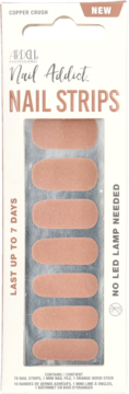 Ardell Nail Addict Nail Strips Copper Crush, front view of white box with 6 copper-toned strips.