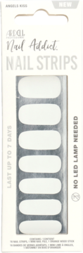 Ardell Nail Addict 'Angel's Kiss' white nail strips in box. Front view of packaging, no LED lamp needed.
