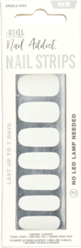 Ardell Nail Addict 'Angel's Kiss' white nail strips in box. Front view of packaging, no LED lamp needed.