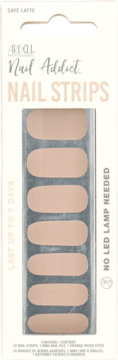 Ardell Nail Addict Nail Strips Cafe Latte, light beige, in beige vertical package with clear window, frontal view.
