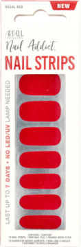 Ardell Nail Addict Regal Red Nail Strips. Czerwone paski do paznokci w białym opakowaniu, widok z przodu.