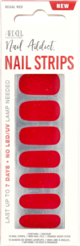 Ardell Nail Addict Regal Red Nail Strips. Czerwone paski do paznokci w białym opakowaniu, widok z przodu.