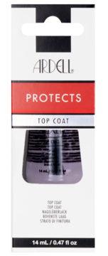 Ardell Protects Top Coat do paznokci w białym pudełku, z butelką widoczną przez wycięcie, ujęcie z przodu.