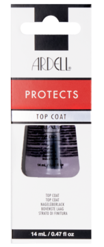 Ardell Protects Top Coat do paznokci w białym pudełku, z butelką widoczną przez wycięcie, ujęcie z przodu.