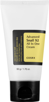 Biała tubka kremu COSRX Advanced Snail 92 All In One Cream 50g z czarną zakrętką i żółtą etykietą, widok z przodu.