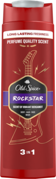 Czerwona butelka Old Spice Rockstar 3-in-1 żelu pod prysznic, z tekstem "Perfume Quality Scent", widok z przodu.