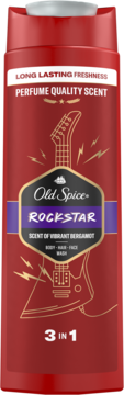 Old Spice Rockstar 3w1 żel pod prysznic w czerwonej butelce z grafiką gitary, zapach bergamotki.