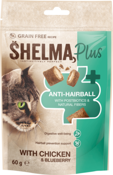 Bezzbożowe przysmaki Shelma Plus Anti-Hairball dla kota, kurczak i jagody, zielono-beżowe opakowanie z kotem.