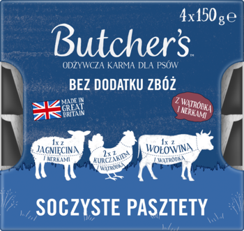 Butcher's Soczyste Pasztety, karma dla psów bez zbóż, 4x150g, mix smaków: wołowina, kurczak, jagnięcina, widok z przodu.