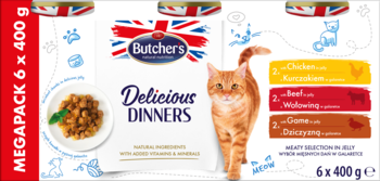 BUTCHER'S Delicious Dinners ,pełnoporcjowa karma dla kota, w formie kawałków w galaretce,przód