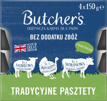 Opakowanie karmy Butcher's Tradycyjne Pasztety dla psów, 4x150g, bez zbóż, z ilustracjami mięs, widok z przodu.